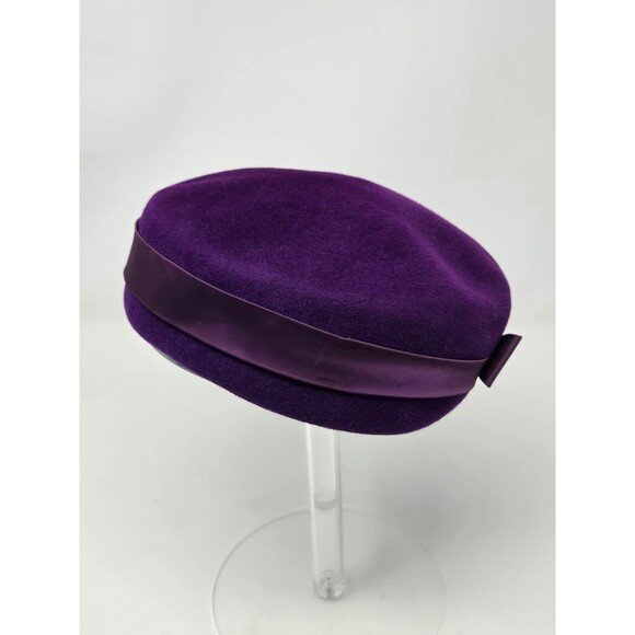 VINTAGE EVA MAE MODES PURPLE VELOUR PILLBOX HAT CAP MCM 50S RIBBON BOW WOMEN OS - Picture 5 of 10